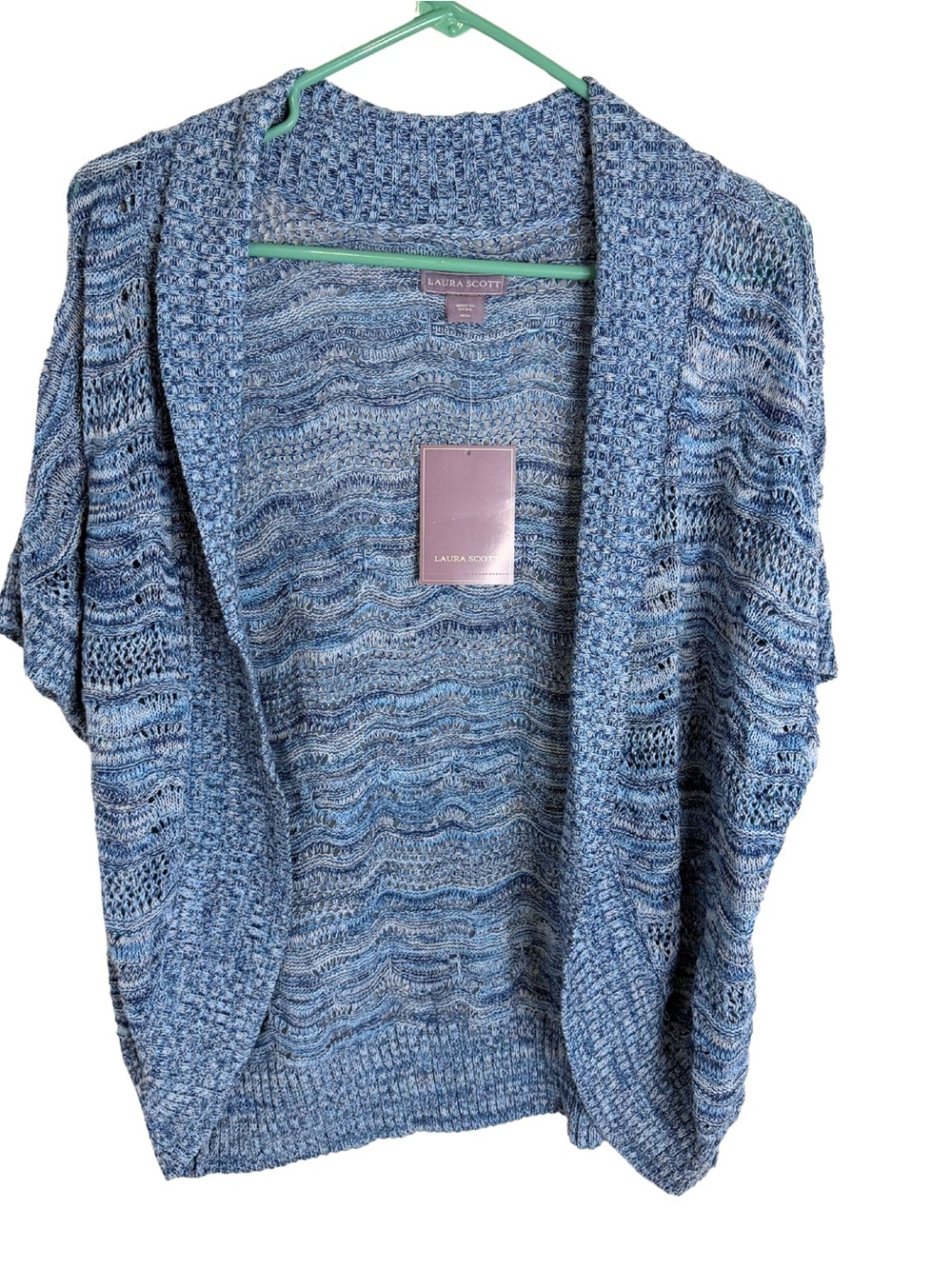 3/$20 Laura Scott Blue Open Front Short Sleeve Open Knit Cardigan Size Medium
